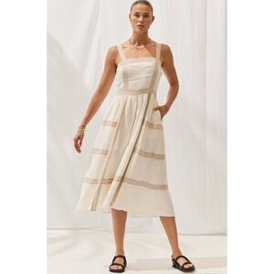 Sancia The Label Cream Tan Linen Summer Dress Blend Square Neck Midi Size Medium